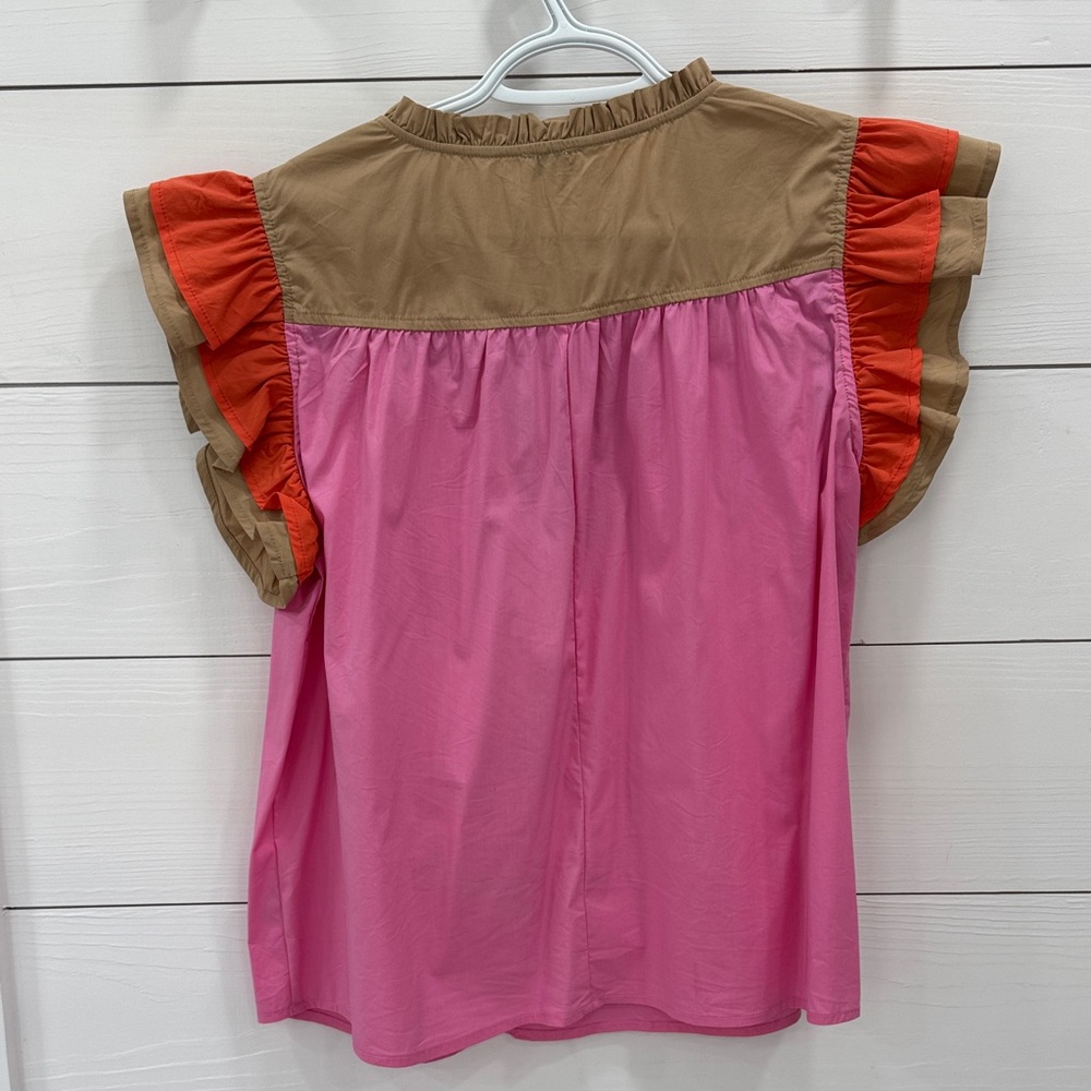 Vibrant Pink and Brown Ruffle Sleeve Blouse - Picture 2 of 2